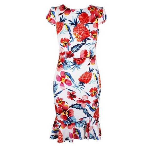 Betsey Johnson Ivory Muti Cap Sleeve Floral Ruffled-Hem Midi Dress Size 10 NWT - Picture 1 of 11